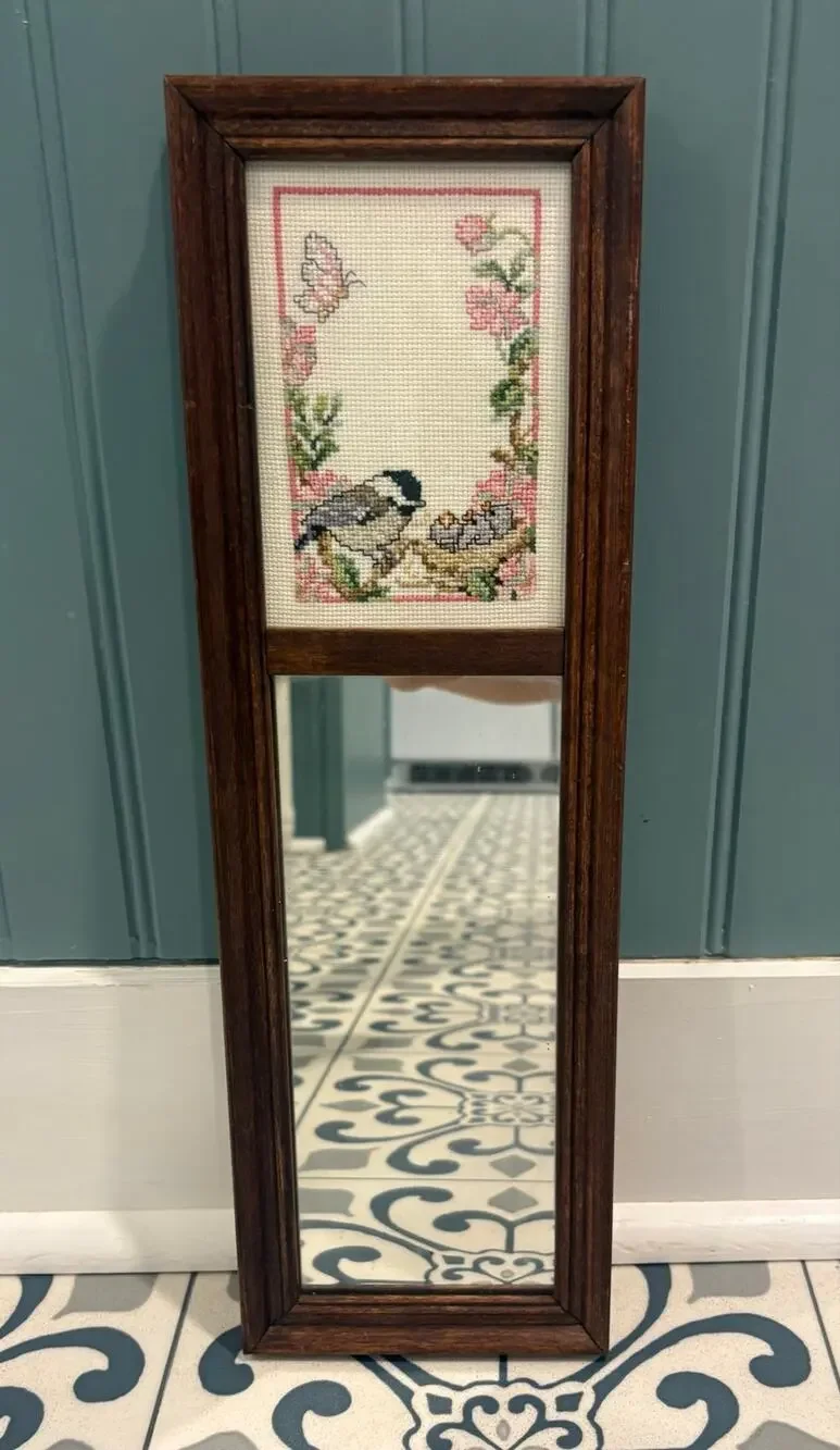 Vintage Wooden Mirror with Bird Cross Stitch
